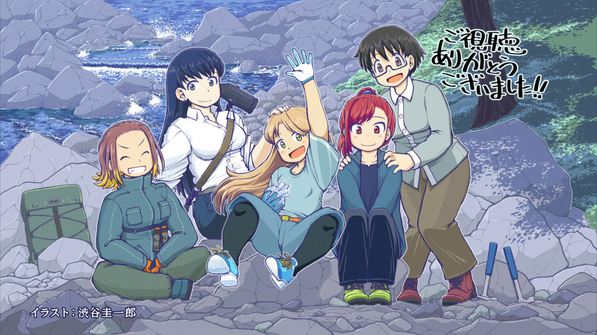 5girls, :d, ^_^, arato_nagi, artist_name, backpack, bag, black_hair