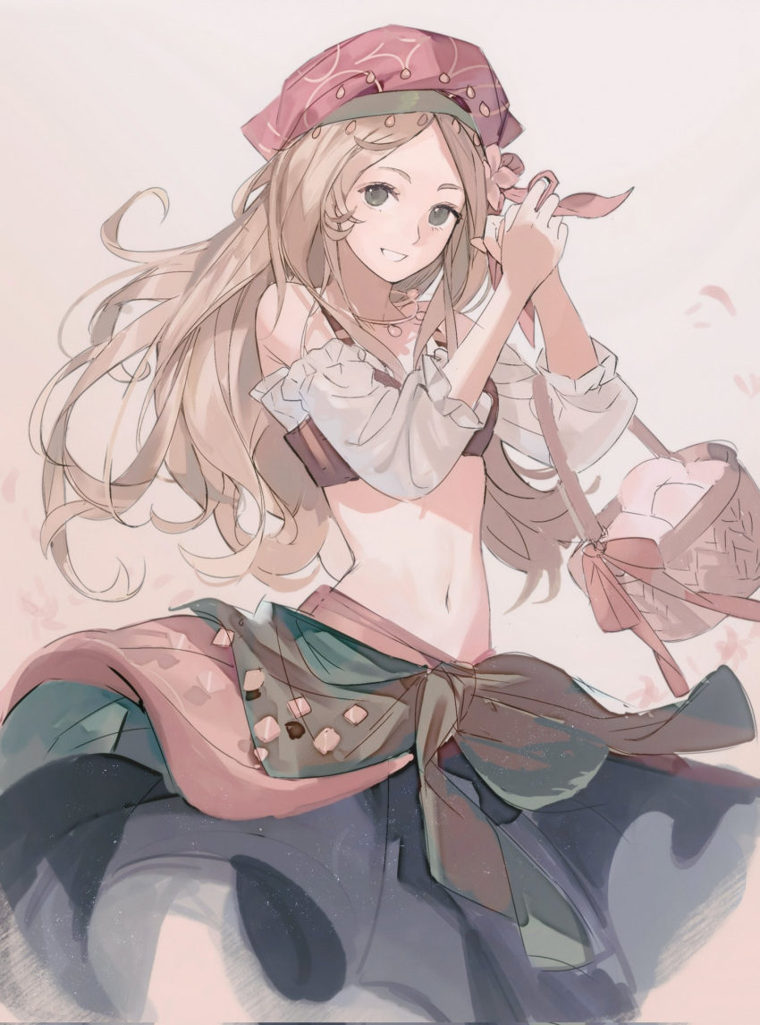 1girl, blonde_hair, blue_eyes, crop_top, dancer, detached_sleeves, floating_hair, headscarf, highres, jewelry, keta040429, ketaku0404, long_hair, looking_at_viewer, lynette_(octopath_traveler), midriff, navel, necklace, octopath_traveler, octopath_traveler:_champions_of_the_continent, simple_background, skirt, smile, solo, toes, very_long_hair