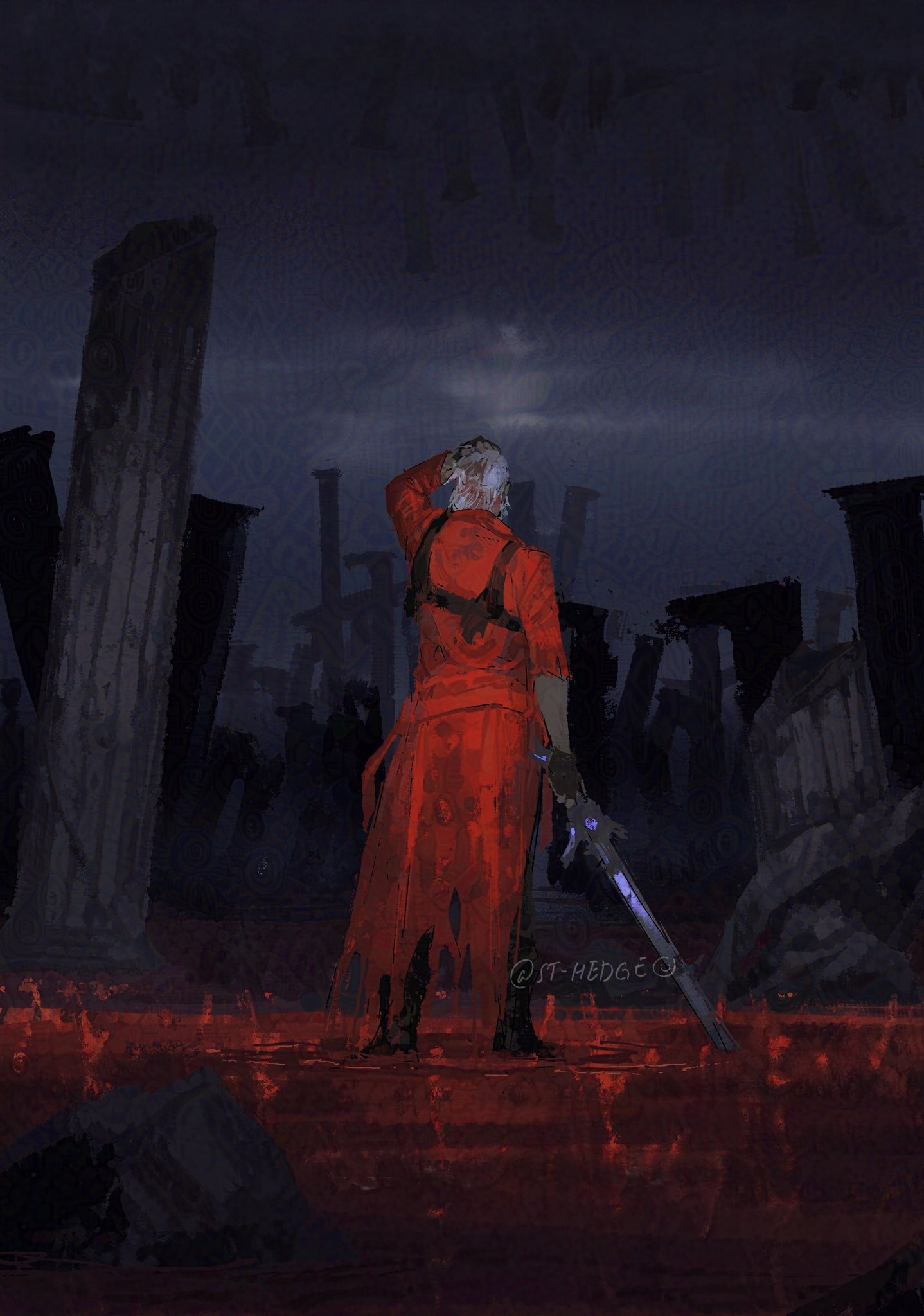 1boy, coat, dante_(devil_may_cry), devil_may_cry_(series), devil_may_cry_3, from_behind, hand_on_own_head, highres