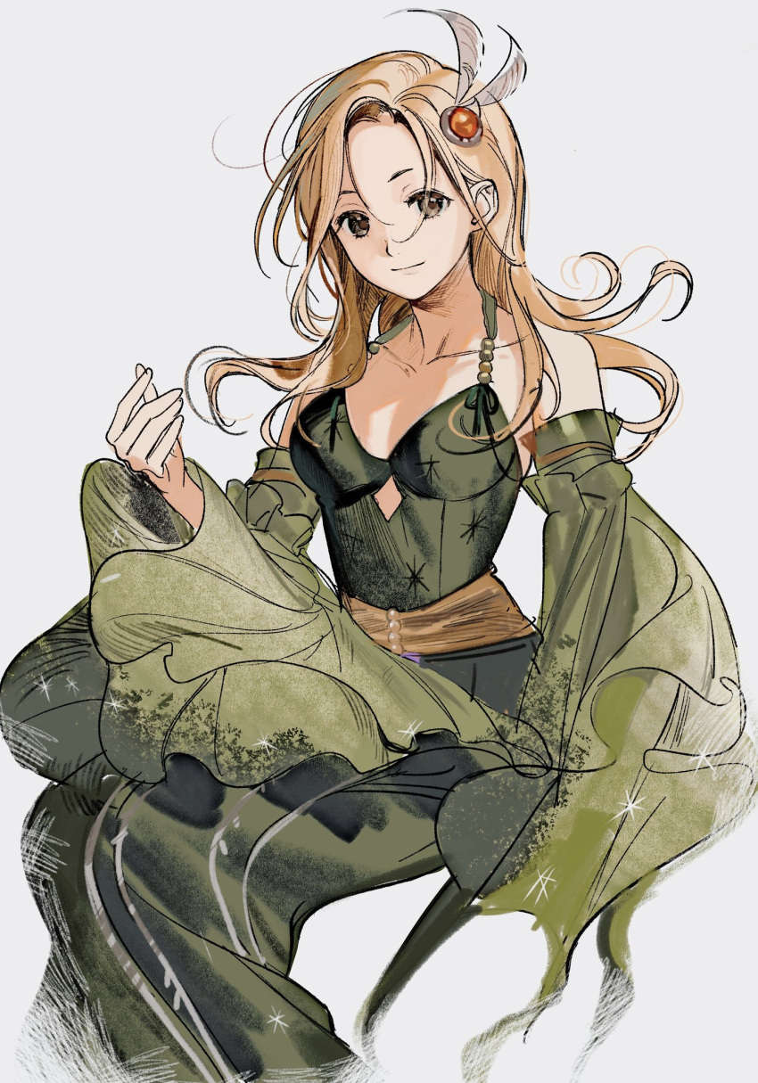1girl, blonde_hair, breasts, brown_eyes, closed_mouth, cosplay, detached_sleeves, dress