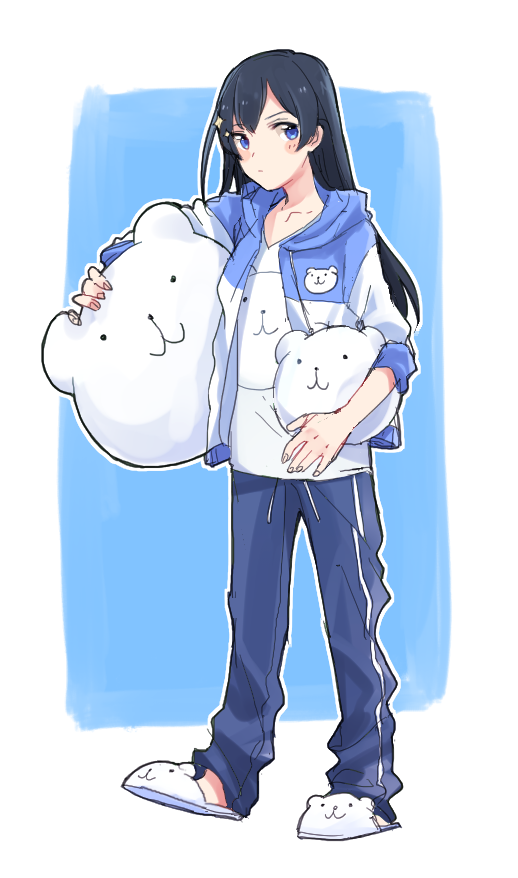 1girl, animal-shaped_pillow, animal_print, animal_slippers, bear_print, bear_slippers, black_hair, blue_eyes