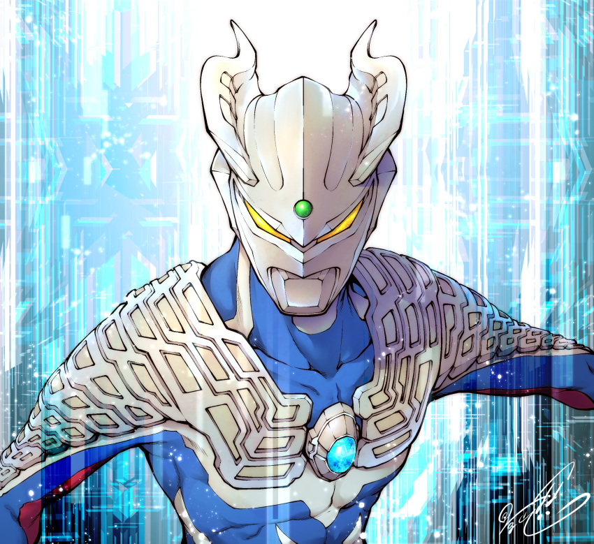 1boy, abstract_background, absurdres, alien, armor, artist_name, blue_background, blue_skin
