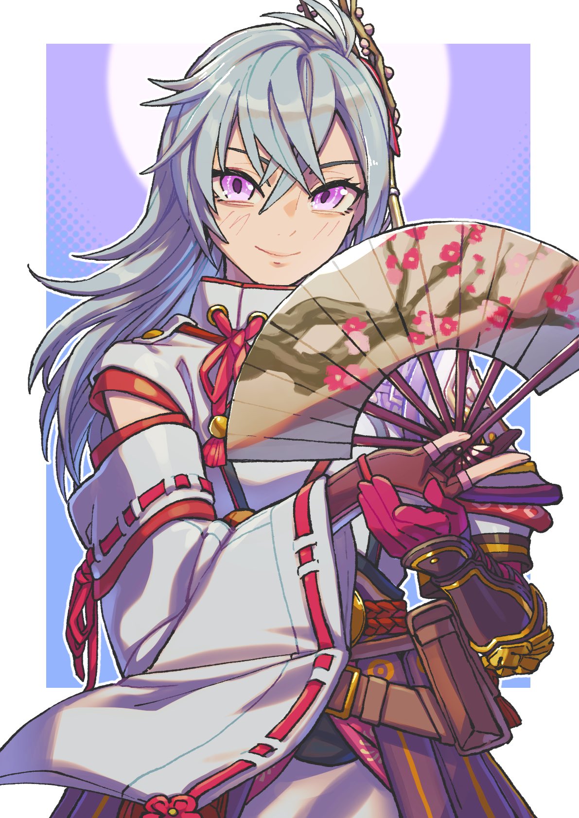1girl, aomi6297, commentary_request, hair_between_eyes, hair_branch, hand_fan, highres, japanese_clothes