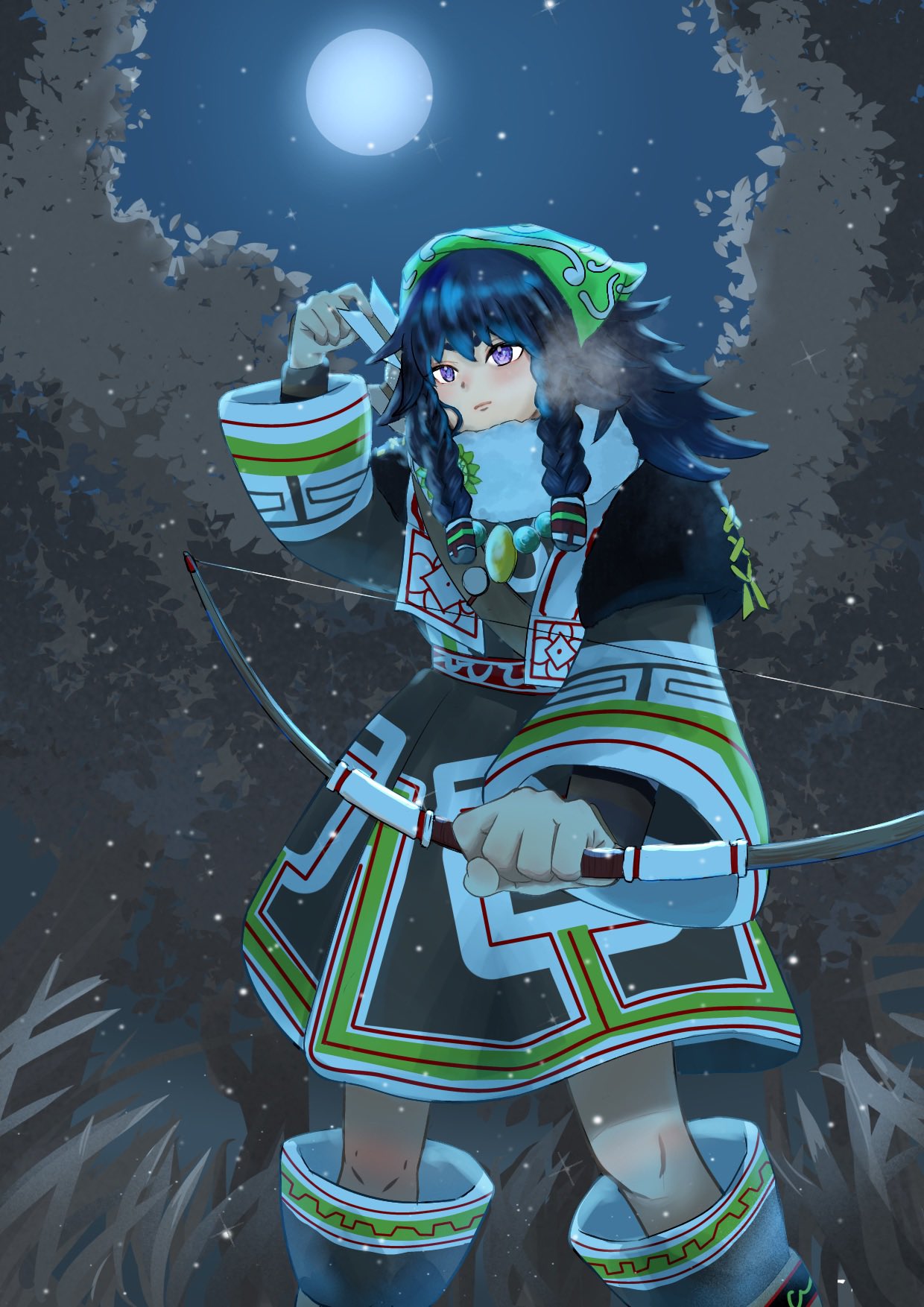 1girl, ainu_clothes, arrow_(projectile), black_hair, bow_(weapon), braid, braided_sidelocks, commentary_request