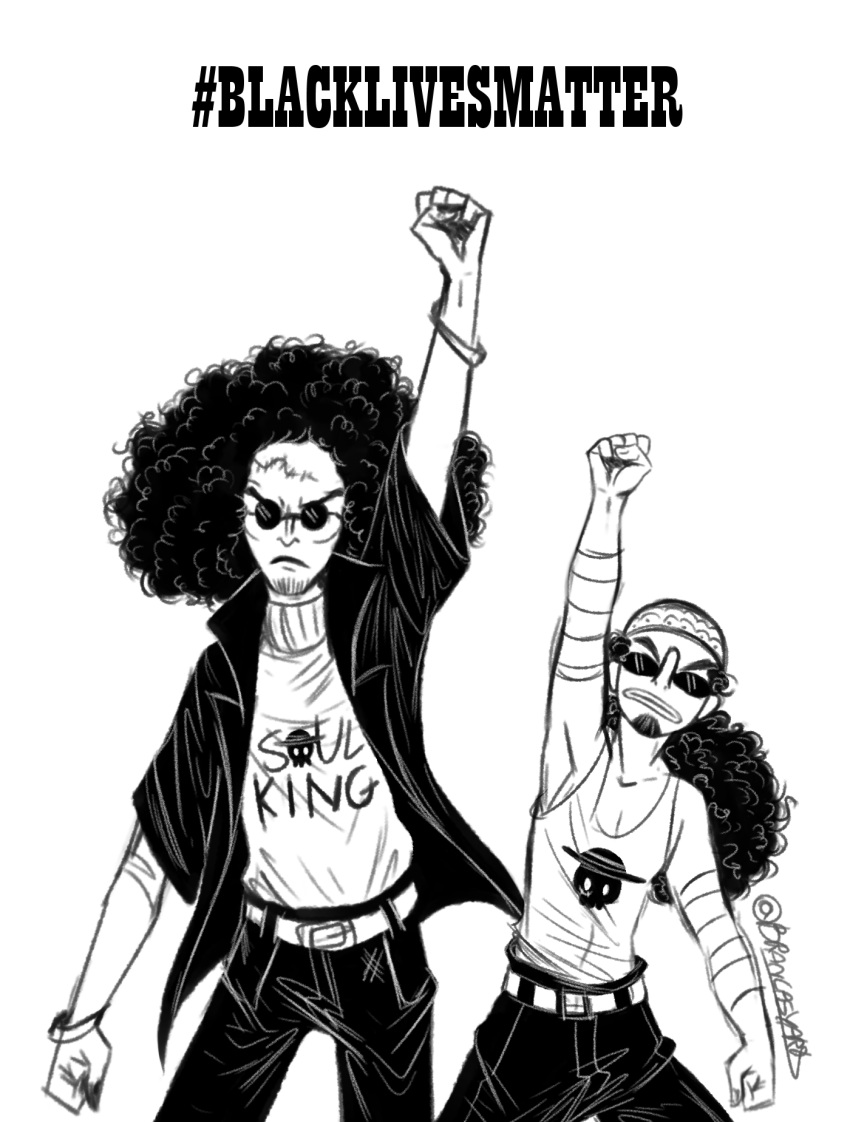 2boys, afro, black_jacket, black_lives_matter, black_pants, bracelet, brancasyard, brook_(one_piece)