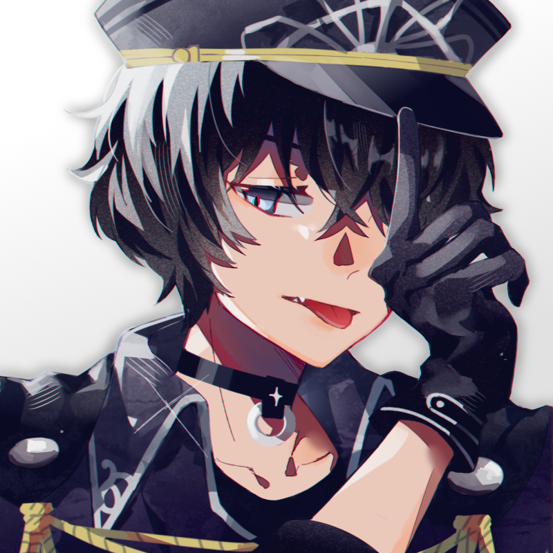 1boy, black_gloves, black_hair, blue_eyes, choker, commentary, fang, gloves