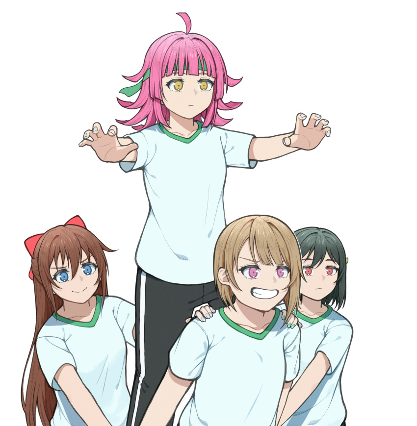 4girls, absurdres, ahoge, black_pants, blue_eyes, blue_shirt, blunt_bangs, bob_cut