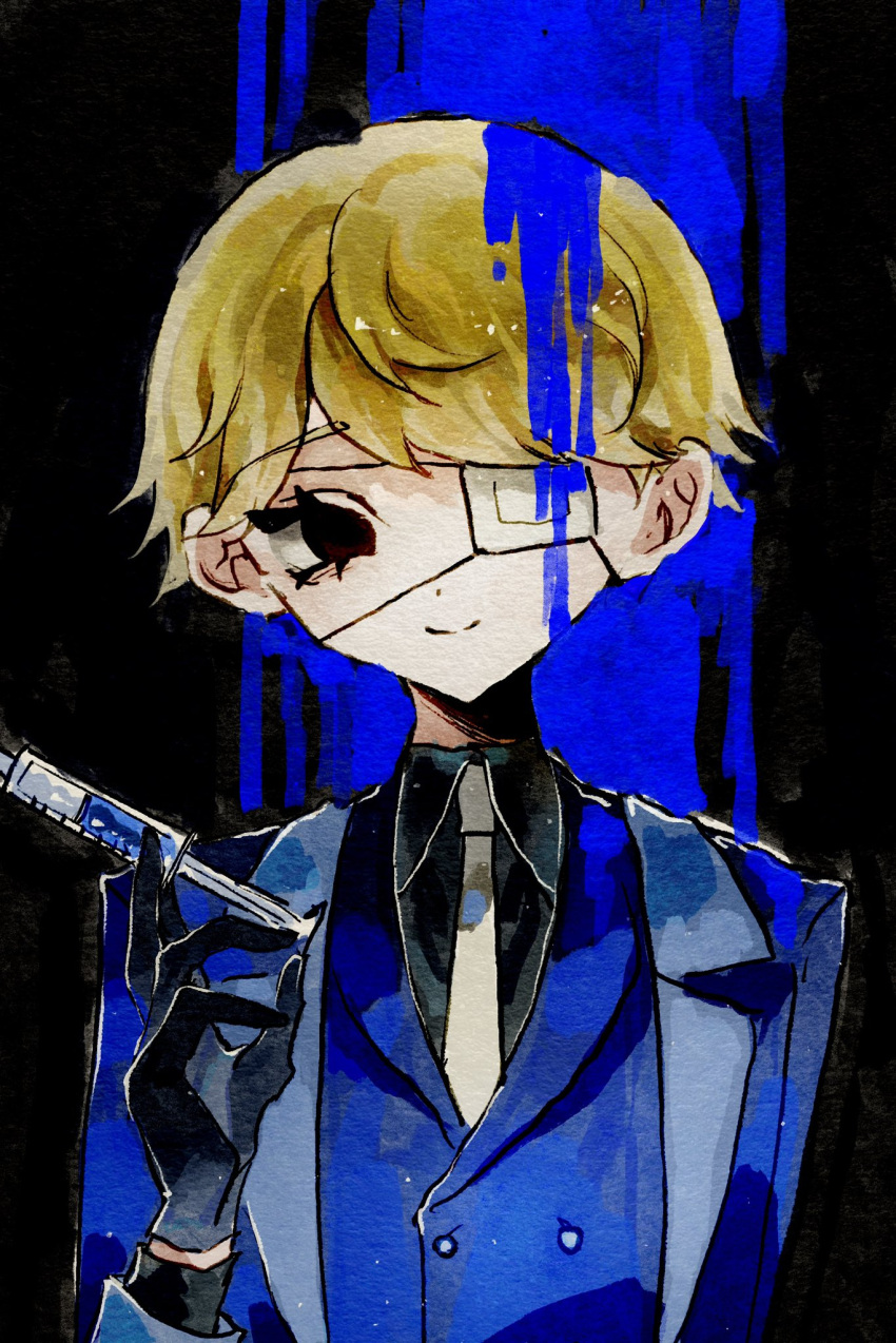 1boy, arm_at_side, asterfield_(meiar), black_background, black_eyes, black_gloves, black_shirt, blonde_hair