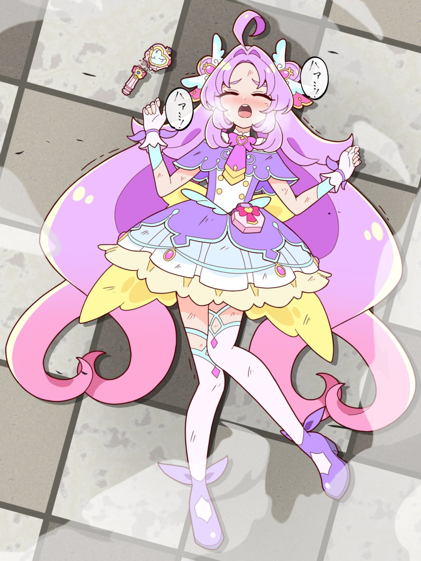 1girl, ahoge, akechi_anna, back_bow, bow, brooch, capelet, closed_eyes, commentary, cure_answer, defeat, dirty, dirty_clothes, dirty_face, double_bun, dress, fingerless_gloves, frilled_dress, frills, from_above, gloves, gradient_hair, hair_bun, hair_intakes, hair_ornament, heart, heart_brooch, highres, impossible_hair, jewelry, large_bow, layered_gloves, long_hair, lying, magical_girl, meitantei_precure!, multicolored_hair, on_back, on_ground, open_mouth, pact_holder, pink_hair, pre-kit_mirror_loupe, precure, purple_bow, purple_capelet, purple_dress, purple_hair, purple_shoes, shichigo_(shichigofight75), shoes, short_dress, solo, thigh-highs, very_long_hair, white_gloves, white_thighhighs, wing_hair_ornament, yellow_bow
