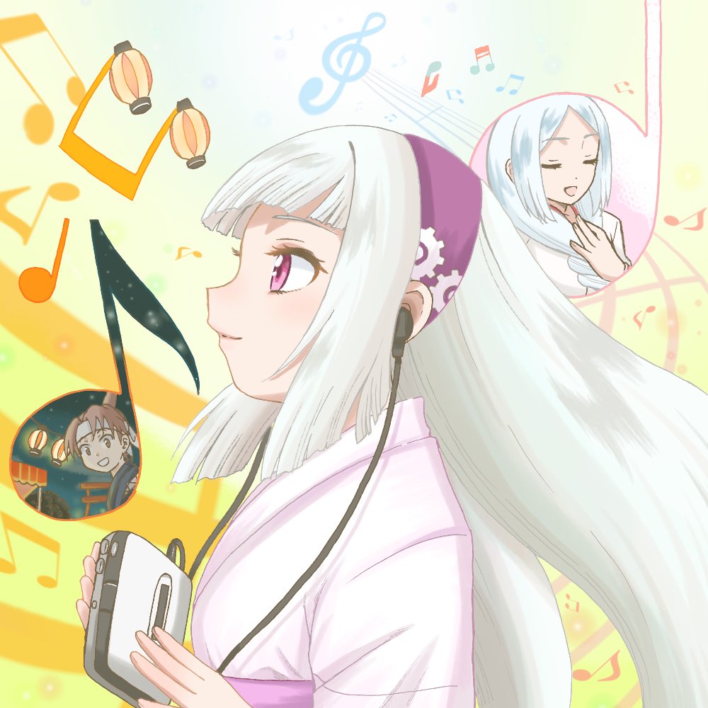 1boy, 2girls, bandai_namco, beamed_eighth_notes, blue_kimono, blunt_bangs, blunt_sidelocks, braid