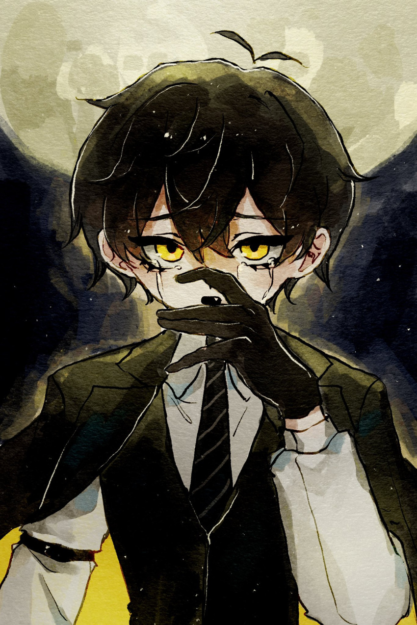 1boy, antenna_hair, arm_garter, asterfield_(meiar), black_gloves, black_hair, black_jacket, black_vest
