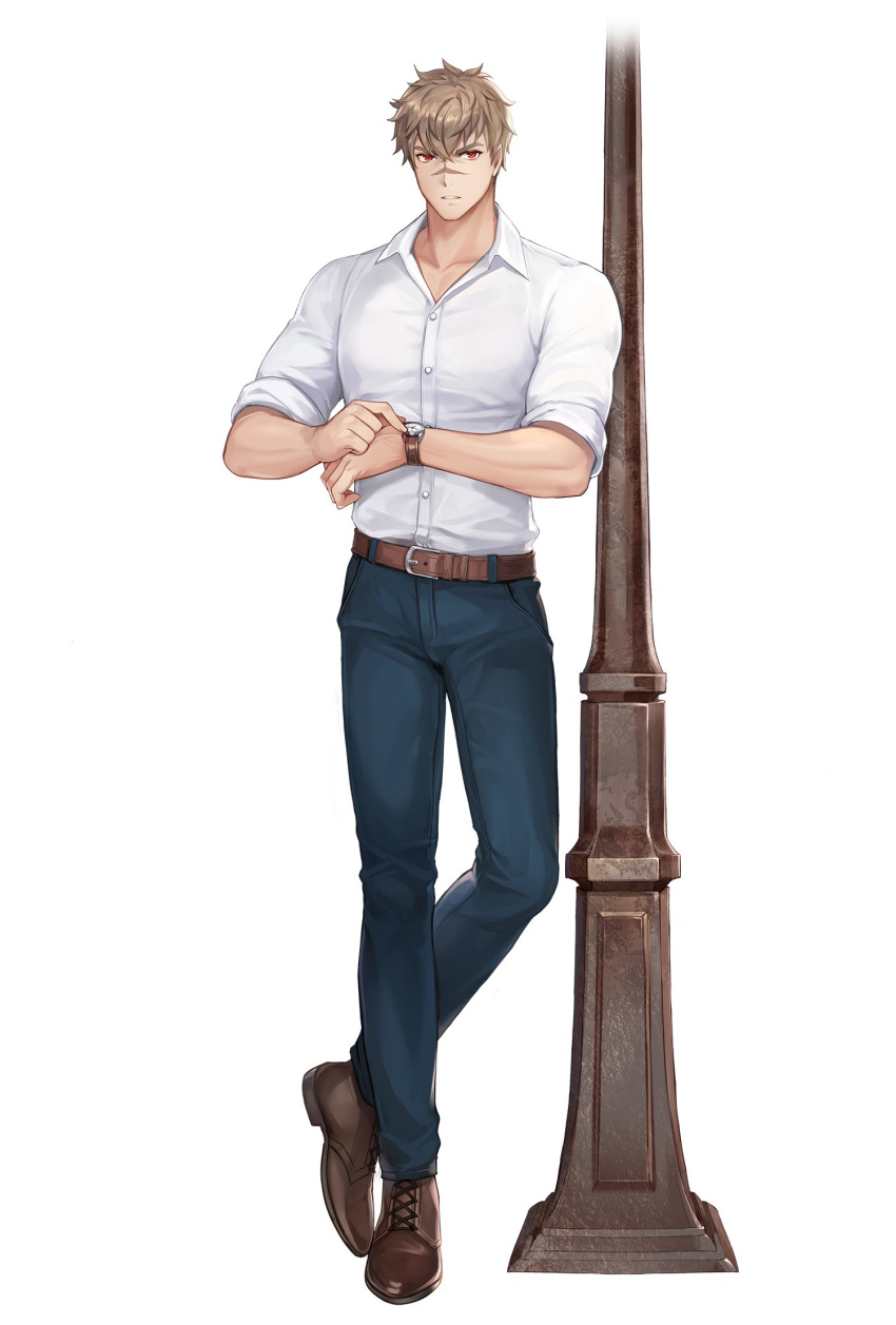 1boy, artist_request, belt, bernheim_(king's_raid), black_pants, brown_belt, brown_hair, brown_shoes, buttons, casual, collared_shirt, commentary_request, dress_pants, english_commentary, full_body, highres, king's_raid, korean_commentary, lamppost, leaning, leather_belt, mixed-language_commentary, official_alternate_costume, official_art, pants, red_eyes, scar, scar_on_face, scar_on_nose, second-party_source, shirt, shoes, short_hair, simple_background, solo, standing, standing_on_one_leg, watch, watch, white_background, white_shirt