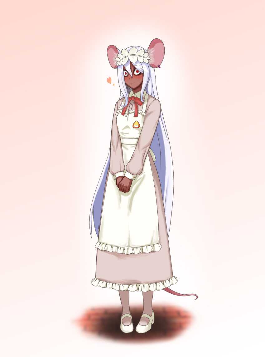 1girl, animal_ears, apron, blush, brown_dress, brown_pantyhose, commentary_request, daikokuten_(fate), daikokuten_(first_ascension)_(fate), dark-skinned_female, dark_skin, dress, fate/grand_order, fate_(series), fuji_musume, heart, highres, long_hair, looking_at_viewer, maid, maid_headdress, mouse_ears, mouse_girl, mouse_tail, pantyhose, red_eyes, shoes, solo, tail, very_long_hair, white_apron, white_hair, white_shoes