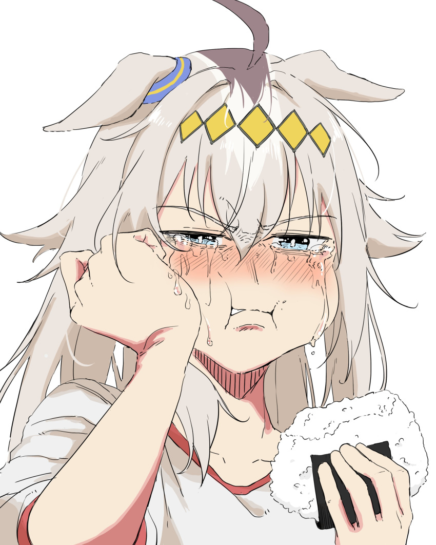 1girl, absurdres, ahoge, animal_ears, blue_eyes, chewing, collarbone, commentary