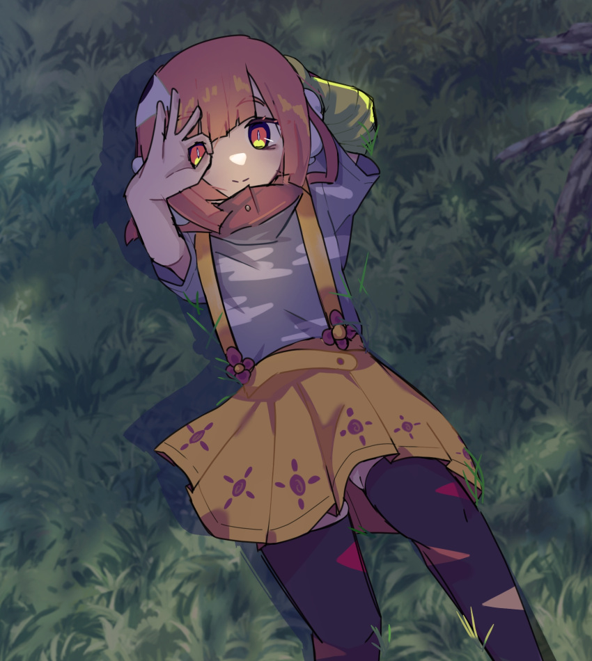 1girl, alien, black_socks, bob_cut, breasts, cloud_hair_ornament, clouds, eye_in_hair
