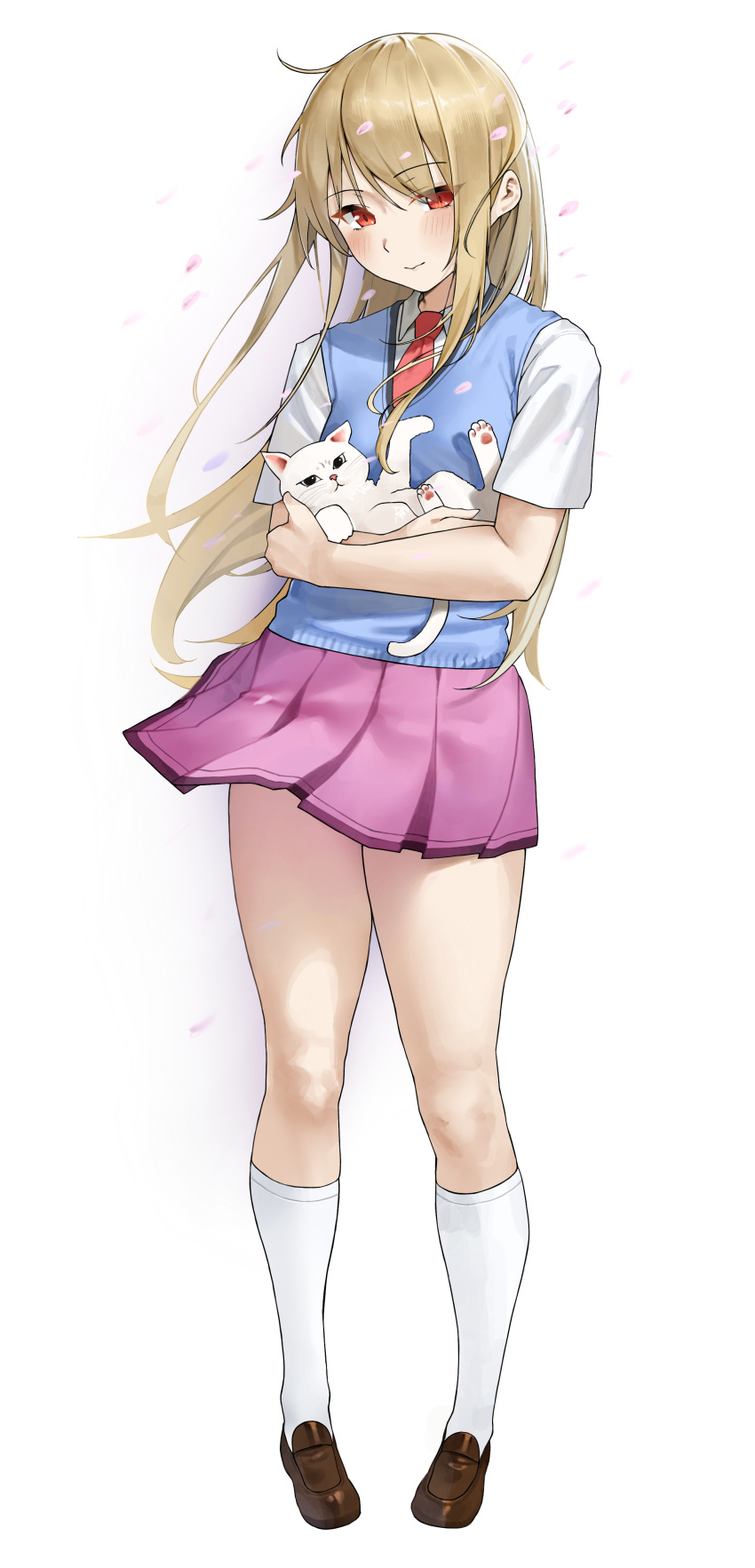 1girl, absurdres, animal, ascii_media_works, blonde_hair, blue_sweater_vest, breasts, brown_shoes, cat, commentary_request, dengeki_bunko, full_body, highres, hikari_(sakura-sou_no_pet_na_kanojo), holding, holding_animal, holding_cat, j.c._staff, kneehighs, loafers, long_hair, looking_at_viewer, medium_breasts, necktie, red_eyes, red_necktie, sakura-sou_no_pet_na_kanojo, saya_endo_(27), school_uniform, shiina_mashiro, shirt, shoes, simple_background, skirt, socks, solo, standing, sweater_vest, white_background, white_cat, white_shirt, white_socks