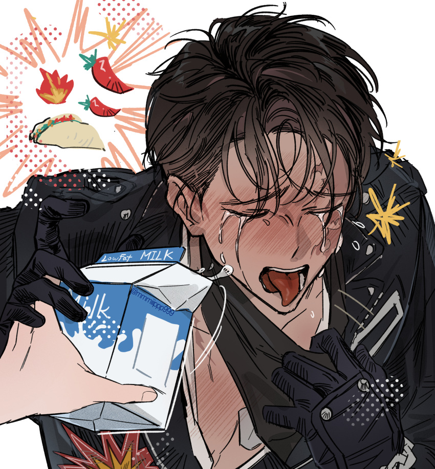 1boy, 1other, adjusting_neckerchief, black_gloves, black_hair, black_jacket, black_neckerchief, blush