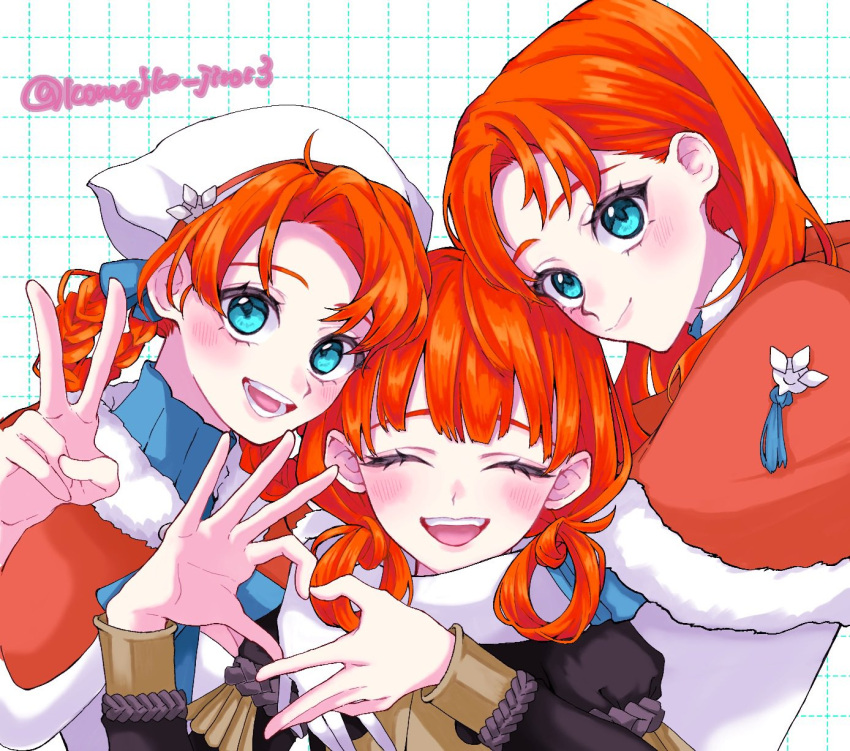 3girls, annette_fantine_dominic, annette_fantine_dominic_(timeskip), blue_eyes, blunt_bangs, bow, braid, braided_hair_rings