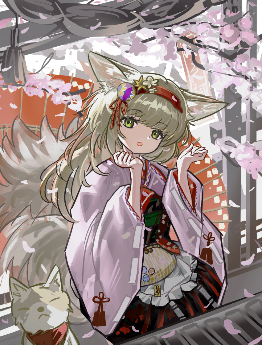 1girl, absurdres, animal_ears, apron, arknights, blonde_hair, chinese_commentary, coin_purse, commentary_request, fox, fox_ears, fox_girl, fox_tail, green_eyes, hair_ornament, hairband, hands_up, highres, huanyin, japanese_clothes, kimono, kitsune, kyuubi, long_hair, long_sleeves, looking_at_viewer, multiple_tails, official_alternate_costume, open_mouth, pink_kimono, red_hairband, solo, suzuran_(arknights), suzuran_(yukibare)_(arknights), tail, waist_apron, wide_sleeves, yagasuri