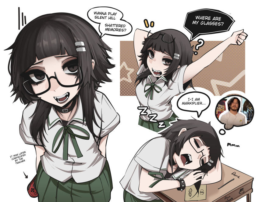 1girl, ?, absurdres, arched_bangs, arm_behind_head, arms_up, black-framed_eyewear, black_choker