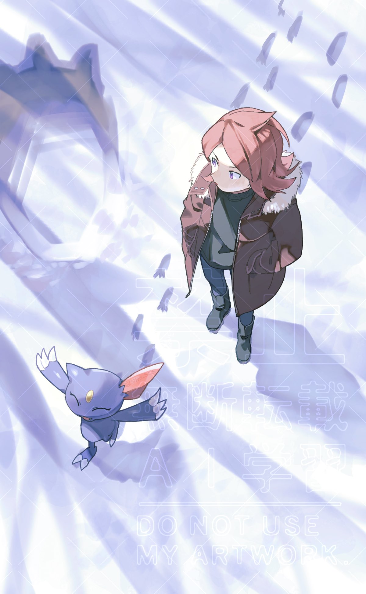 1boy, alternate_costume, brown_coat, coat, commentary_request, cowlick, footprints, from_above
