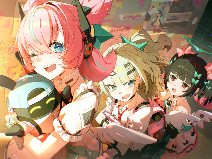 3girls, ;d, absurdres, akaike, angels_of_delusion, aria_(zenless_zone_zero), bangboo_(zenless_zone_zero), bare_shoulders