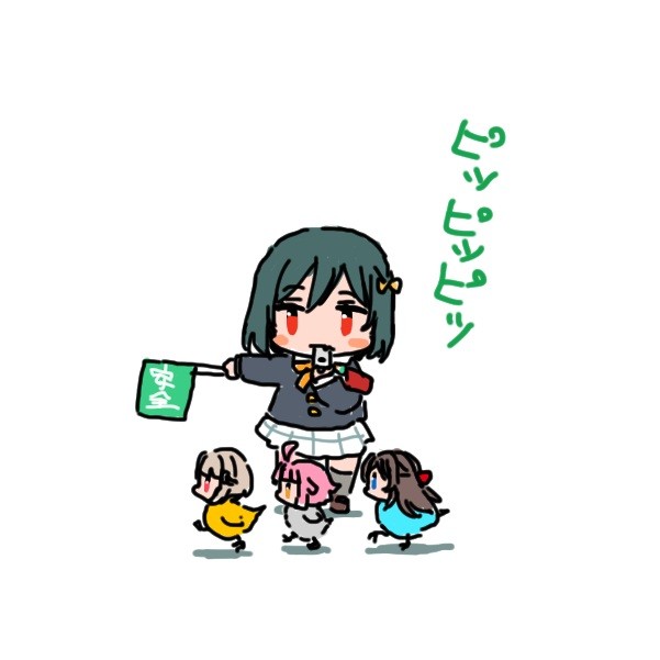 4girls, ahoge, armband, baby_animal, bird, black_hair, black_jacket, blowing_whistle