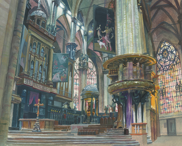 arch, building, ceiling, church, copyright_request, cross, no_humans, painting, poten, stained_glass, stairs, tapestry, window