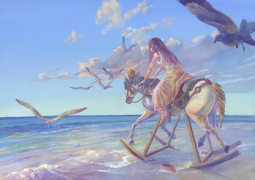 barefoot, beach, bird, cloud, feet, from_behind, horse, long_skirt