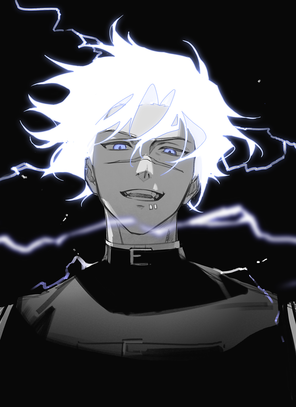 1boy, blue_eyes, face_piercing, greyscale, highres, kagurabachi, lightning, lightning_hair