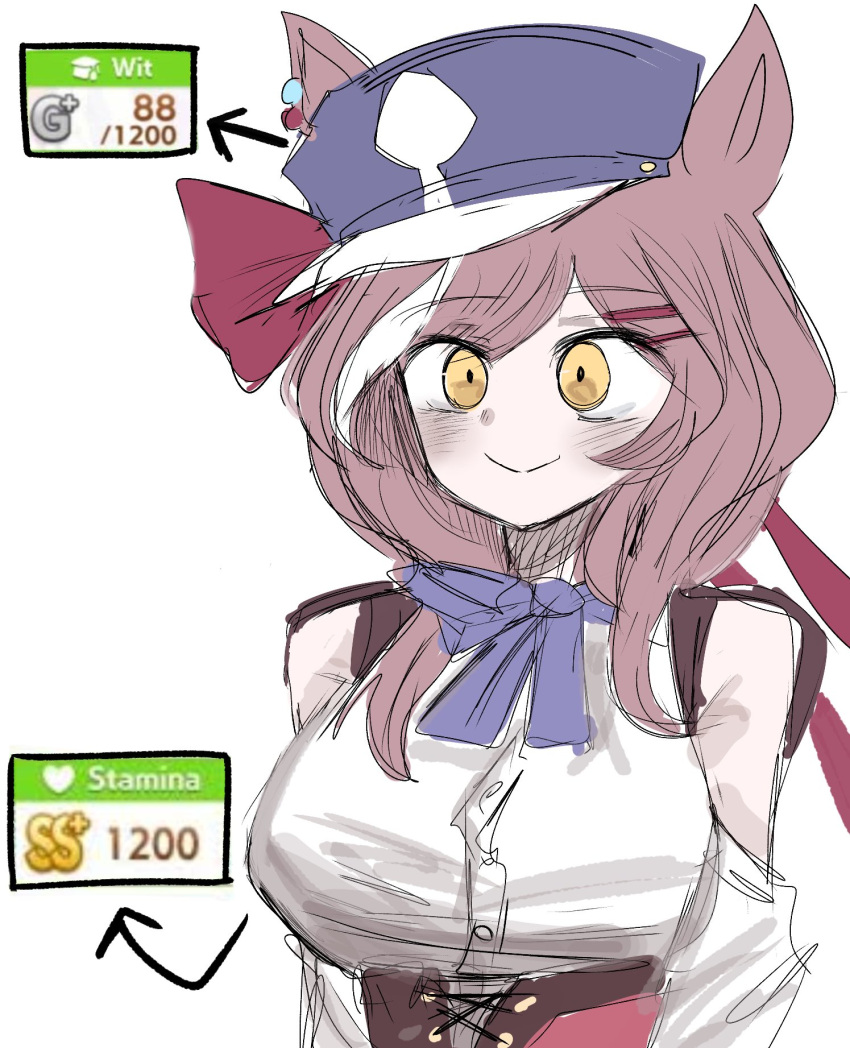 1girl, animal_ears, blue_bow, blue_hat, blush, bow, breasts, brown_hair