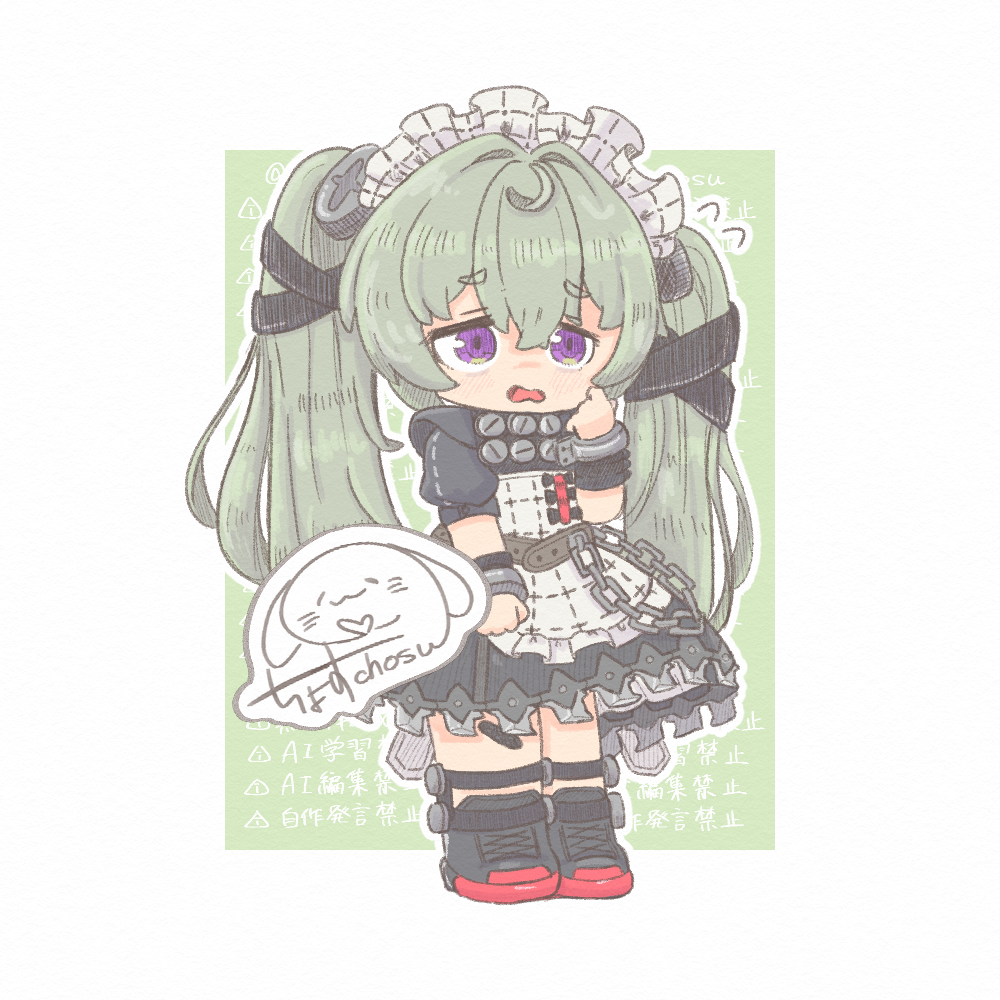 1girl, apron, belt, black_boots, black_dress, blush, boots, brown_belt, chain, chibi, chibi_only, commentary_request, corin_wickes, dress, green_background, green_hair, hair_between_eyes, hair_intakes, lilychosu, long_hair, looking_at_viewer, maid, maid_headdress, open_mouth, puffy_short_sleeves, puffy_sleeves, screw_hair_ornament, short_sleeves, solo, twintails, two-tone_background, violet_eyes, white_apron, white_background, zenless_zone_zero