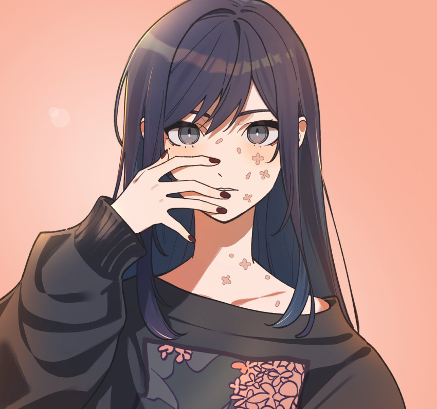 1girl, ado_(utaite), black_eyes, black_hair, black_sweater, chando_(ado), commentary, hand_up