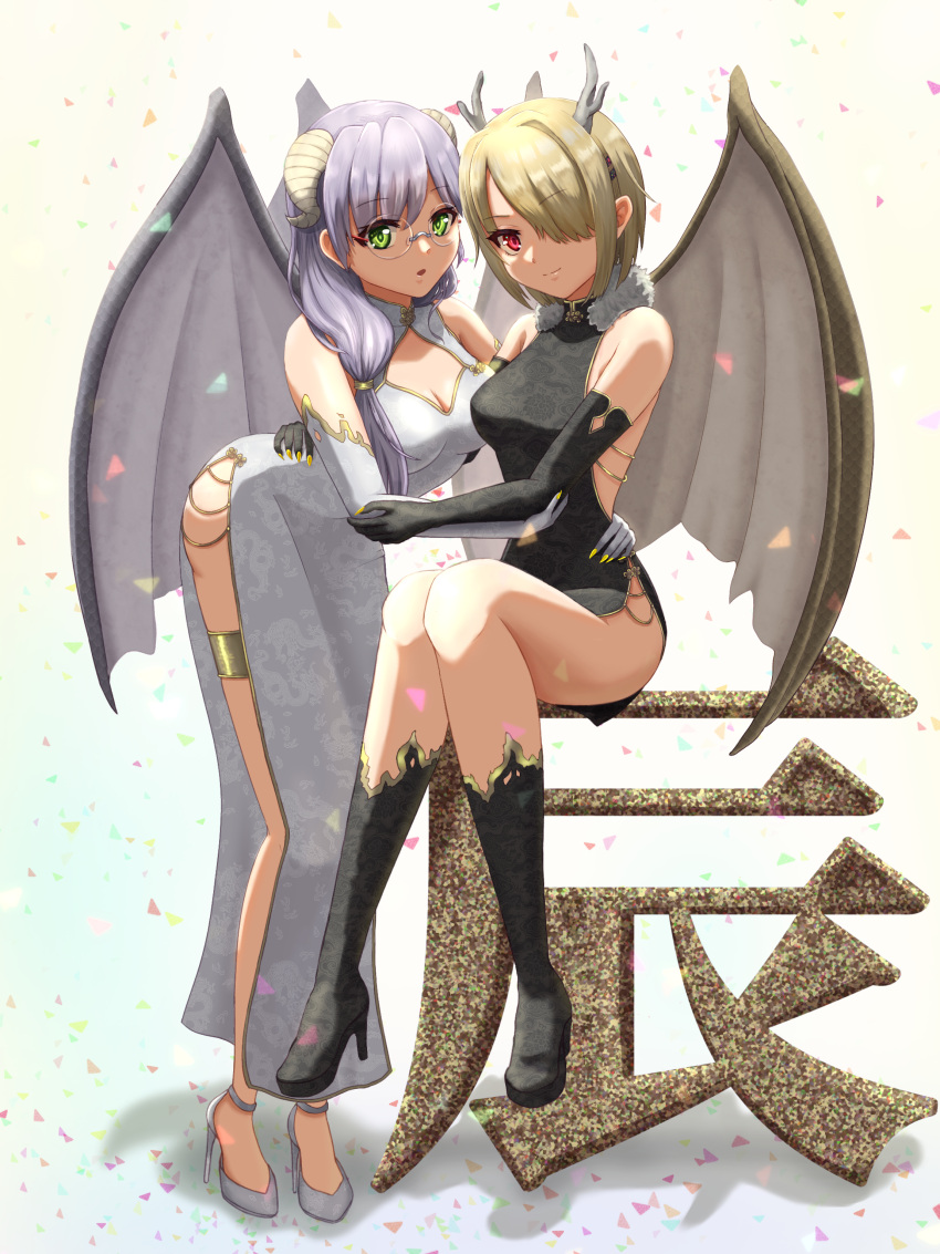 2girls, absurdres, bare_shoulders, brown_hair, commentary_request, dragon_wings, elbow_gloves, glasses