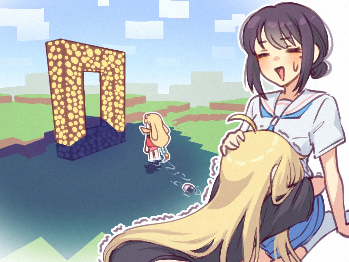 2girls, ahoge, black_hair, blonde_hair, blue_neckerchief, blue_skirt, cho_kaguya-hime!, comforting