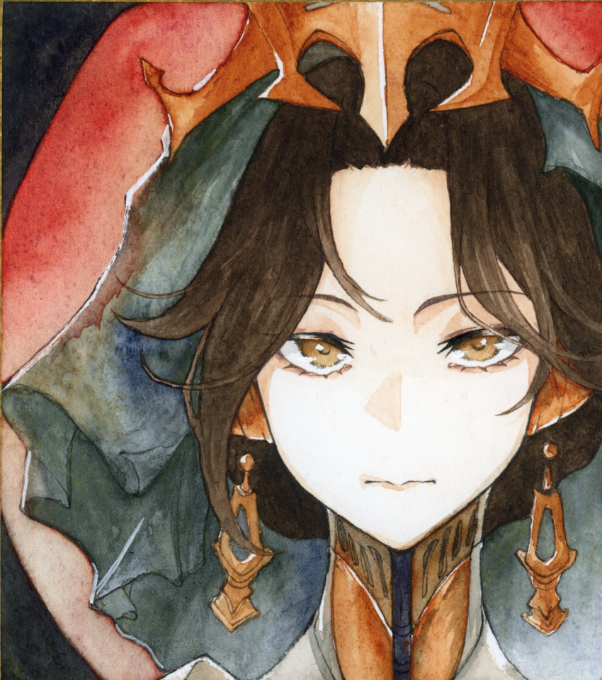 1girl, android, black_veil, brown_eyes, brown_hair, closed_mouth, earrings, gold_tiara