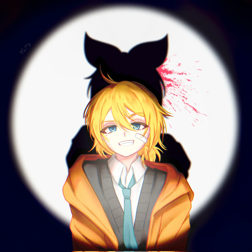 1boy, aqua_necktie, bandaid, bandaid_on_cheek, bandaid_on_face, blonde_hair, blood, blood_splatter, blue_eyes, commentary, different_shadow, ego_renegade_boy_(vocaloid), english_commentary, grey_sweater, grin, highres, jacket, kagamine_len, kagamine_rin, looking_ahead, male_focus, mole, mole_under_eye, necktie, pandi_jd134, shirt, smile, solo, spotlight, sweater, vocaloid, white_shirt, yellow_jacket