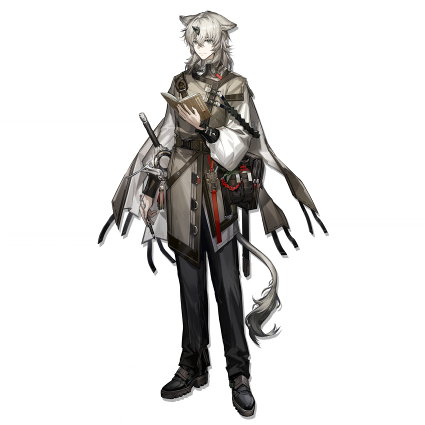 1boy, animal_ears, arknights, arm_at_side, bag, belt, black_boots, black_horns