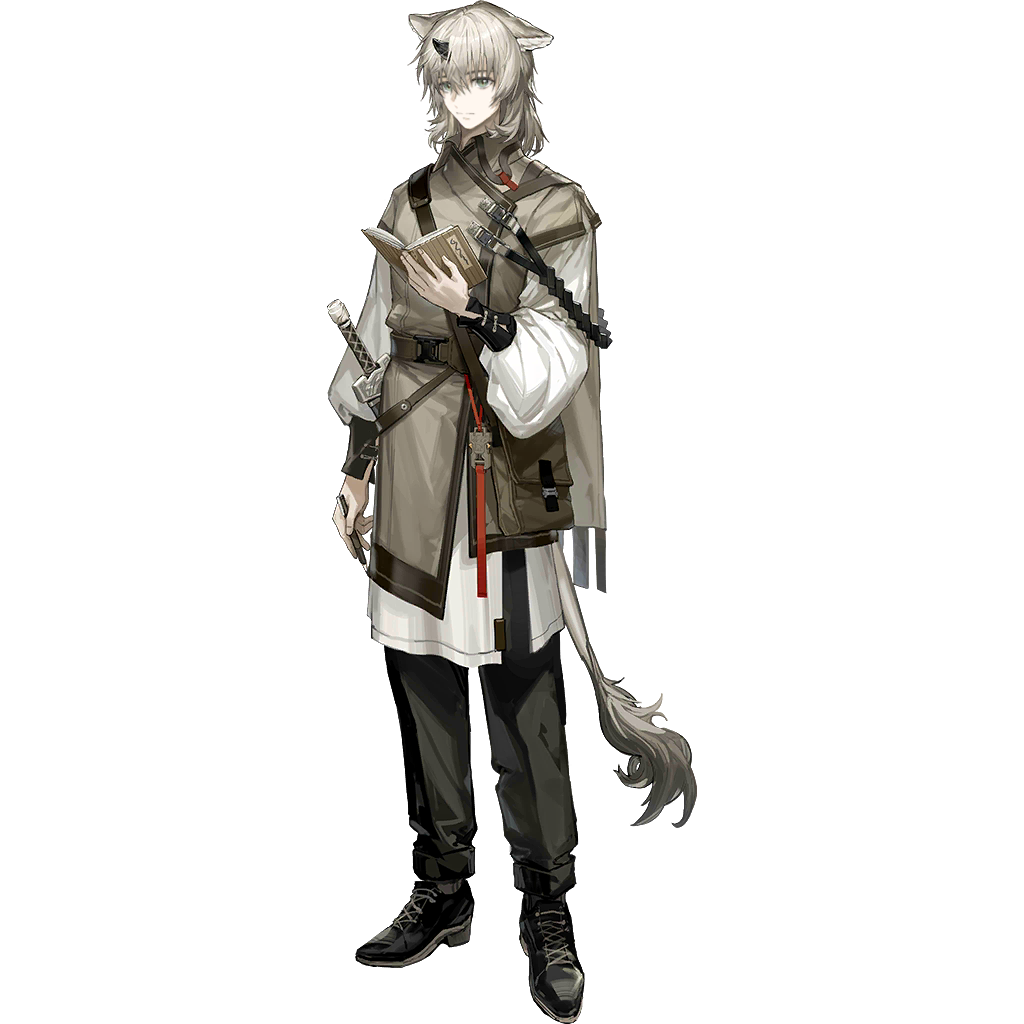 1boy, animal_ears, arknights, arm_at_side, bag, belt, black_horns, black_pants