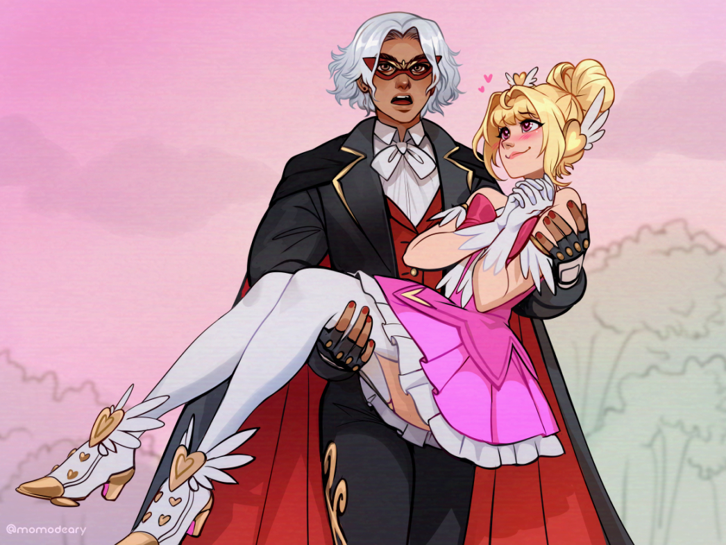 1girl, 1other, ankle_wings, black_cape, black_gloves, black_pants, black_suit, blonde_hair, blush, boots, brown_eyes, brown_lips, cape, carrying, commentary, cosplay, dark_skin, dokiwatch_(overwatch), domino_mask, dress, earrings, english_commentary, eye_mask, fingerless_gloves, frilled_arm_strap, gloves, grey_hair, hair_bun, hair_intakes, hair_ornament, heart, heart-shaped_pupils, heart_hair_ornament, heart_of_hope_juno, hetero, high_heel_boots, high_heels, interlocked_fingers, jewelry, juno_(overwatch), magical_girl, mask, momo-deary, official_alternate_costume, official_alternate_hairstyle, overwatch, pants, pink_dress, pink_eyes, princess_carry, red_cape, red_mask, red_nails, red_vest, short_hair, single_hair_bun, sleeveless, sleeveless_dress, stud_earrings, suit, symbol-shaped_pupils, thigh_boots, tiara, tuxedo_kamen, tuxedo_kamen_(cosplay), two-tone_cape, venture_(overwatch), vest, white_boots, white_gloves, wings