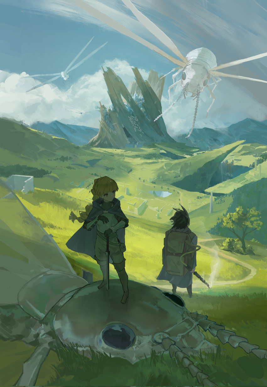 1boy, 1girl, ant, antennae, armor, backpack, bag, black_hair