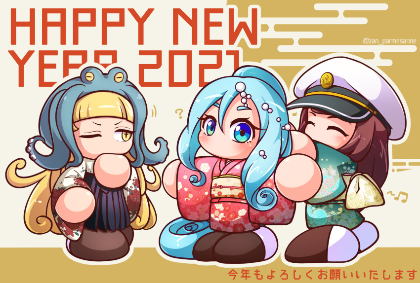 2021, 3girls, ?, animal_on_head, aqua_hair, awase_marina, beamed_eighth_notes, blonde_hair, blue_eyes, brown_hair, brown_shoes, closed_eyes, commentary_request, curly_ends, floral_print, floral_print_kimono, happy_new_year, hat, highres, japanese_clothes, jikkyou_powerful_pro_yakyuu, jikkyou_powerful_pro_yakyuu_(style), kimono, long_hair, multicolored_shoes, multiple_girls, musical_note, no_mouth, octavia_(pawapro), octopus, on_head, one_eye_closed, parmesan_(zan_parmesanne), peaked_cap, pearl_hair_ornament, power_pro_appli, print_kimono, rayman_limbs, shoes, smile, star-shaped_pupils, star_(symbol), symbol-shaped_pupils, tatehashi_minato, twitter_username, two-tone_shoes, white_shoes, yellow_eyes