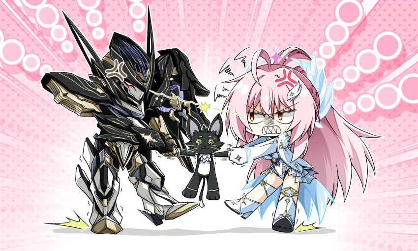 1girl, 1other, aemeath_(wuthering_waves), ahoge, anger_vein, breasts, clenched_teeth, commentary_request