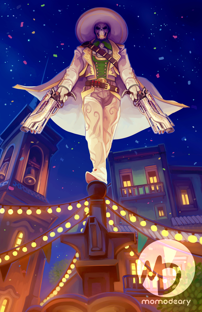 1boy, ammunition, artist_logo, bandolier, belt, boots, cape, chaps, commentary, confetti, cowboy_boots, dia_de_muertos, dual_wielding, el_blanco_reaper, english_commentary, fountain, from_below, gloves, green_shirt, gun, hat, havana_(overwatch), holding, jacket, logo, male_focus, mariachi, mask, momo-deary, night, official_alternate_costume, on_top_of_pole, overwatch, print_chaps, reaper_(overwatch), revision, shirt, shotgun, shotgun_shell, skull_mask, sky, solo, sombrero, star_(sky), starry_sky, string_lights, weapon, white_boots, white_cape, white_chaps, white_gloves, white_hat, white_jacket