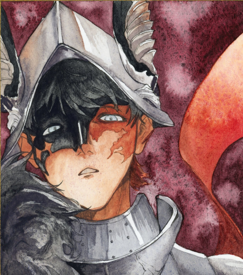 1boy, animal_ear_helmet, animal_helmet, armor, black_hair, black_mask, burn_scar, eye_mask