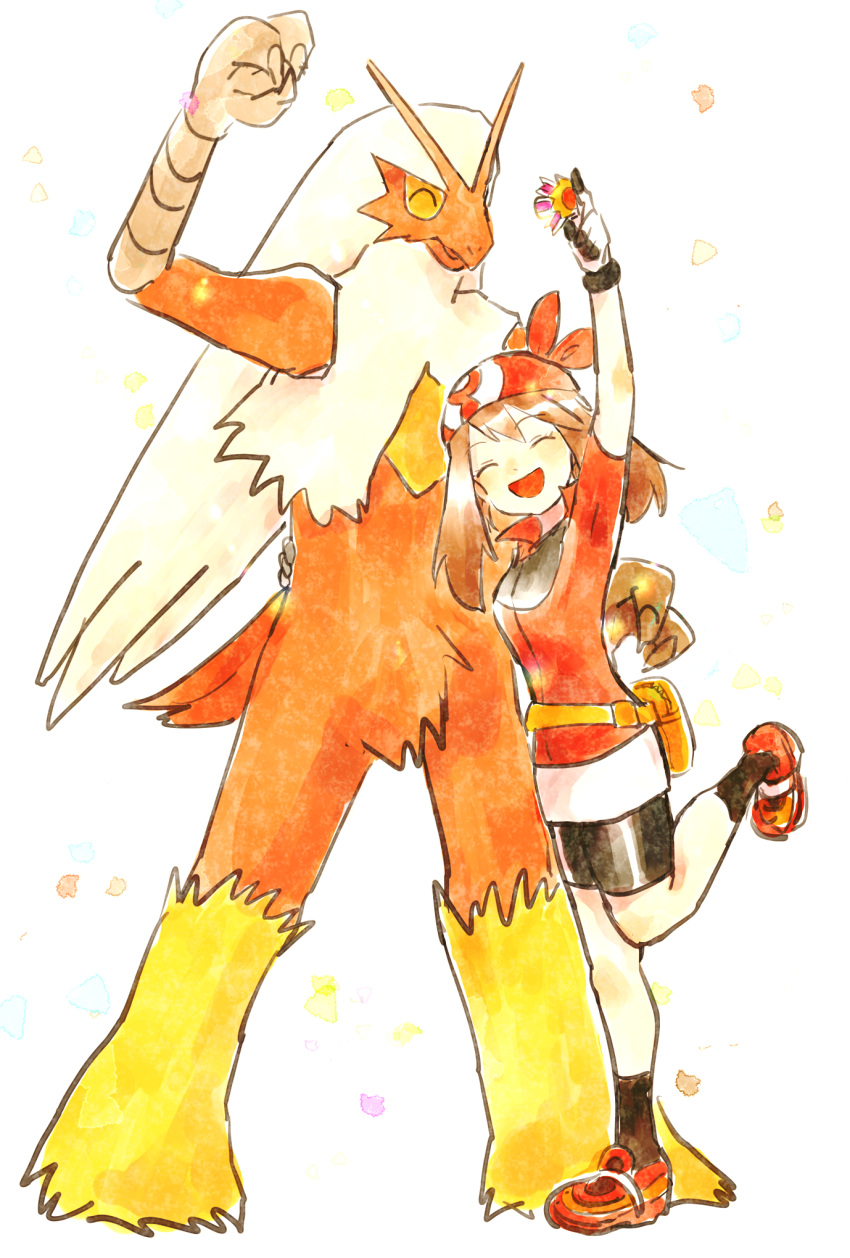 1girl, badge, badge_(pokemon), blaziken, brown_hair, celebration, closed_eyes, commentary_request