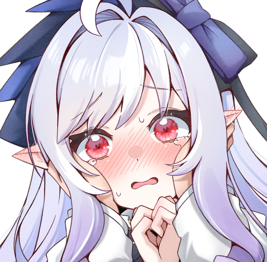 1girl, 1other, 2657314861, ahoge, blush, bow, commentary_request, elf