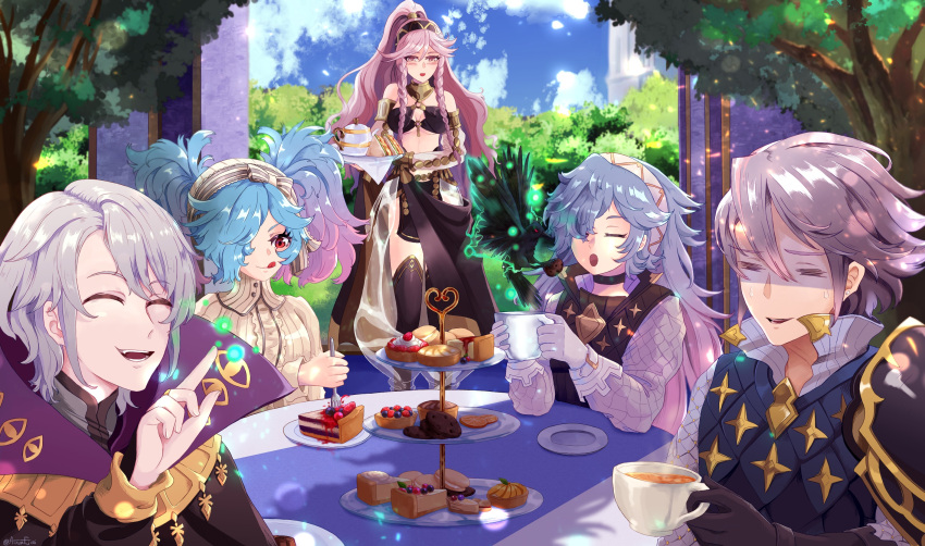 2girls, 3girls, alternate_hair_color, alternate_hairstyle, arm_shield, armor, bird, blue_hair, blush, braid, braided_sidelock, breasts, cake, cape, closed_eyes, commission, commissioner_upload, crow, cup, dancer, ebrietas_(arayaejiri), eyelashes, fang, father_and_daughter, fire_emblem, fire_emblem_awakening, fire_emblem_fates, fire_emblem_heroes, food, fork, fruit, gambeson, gloves, gradient_hair, grey_hair, hair_between_eyes, hair_over_one_eye, hairband, henry_(fire_emblem), highres, holding, holding_cup, laslow_(fire_emblem), macaron, magic, medium_breasts, mother_and_son, multicolored_hair, multiple_girls, official_alternate_costume, olivia_(festival_dancer)_(fire_emblem), olivia_(fire_emblem), open_mouth, orange_(fruit), peri_(fire_emblem), pink_eyes, pink_hair, red_eyes, soleil_(fire_emblem), sweat, table, tart_(food), tea, thighs, tongue, tongue_out, tree, twin_braids, twintails, two-tone_hair, white_hair, white_hairband