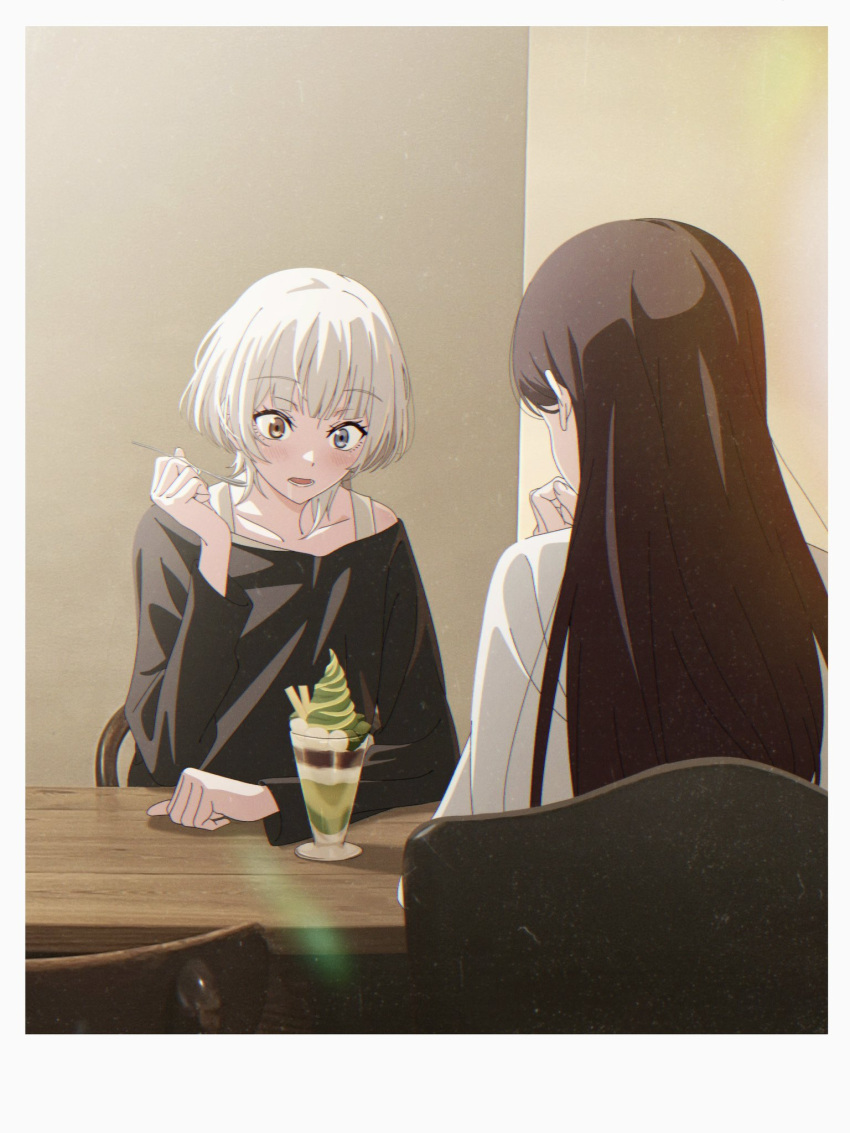 2girls, bang_dream!, bang_dream!_it's_mygo!!!!!, black_hair, black_shirt, blue_eyes, border, chair