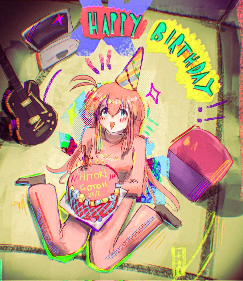 1girl, birthday_cake, blue_eyes, blush, bocchi_the_rock!, cake, character_name, chromatic_aberration